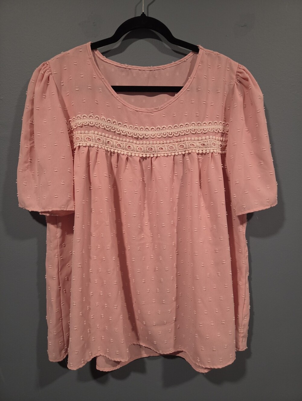 Pink Crochet-Yoke Short Sleeve Women’s Top - 3XL